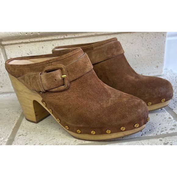 Veronica Beard Dacey Heeled Slip On Clogs Brown Suede Clogs Gold Accents Sz 11 - Picture 15 of 15